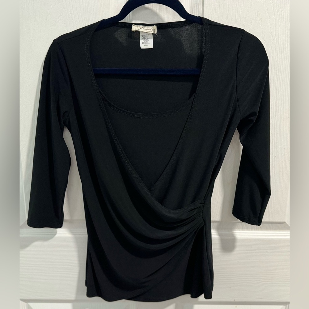 Prospect Blvd. Black Faux Wrap Blouse. Size S. 3/4 sleeves. Flatters any shape.